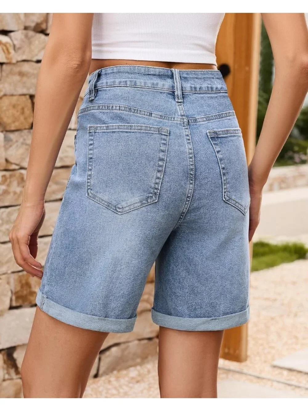 Women's Bay Blue High Waisted Fold Hem Stretchy 5 Basic Pocket Long Denim Shorts